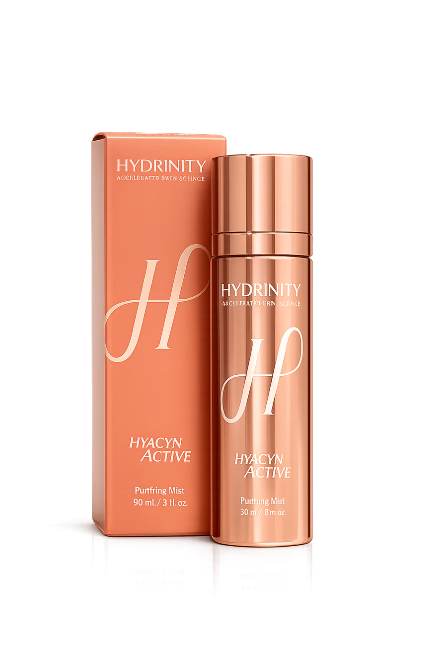 A rose gold cosmetic bottle and its matching rectangular box from Hydrinity Cosmetics, featuring the Hyacyn Active line, on a clean white background.
