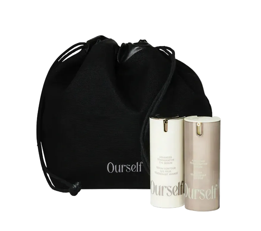 Black drawstring bag with 'Ourself' skincare products on a white background
