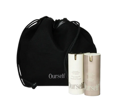 Black drawstring bag with 'Ourself' skincare products on a white background