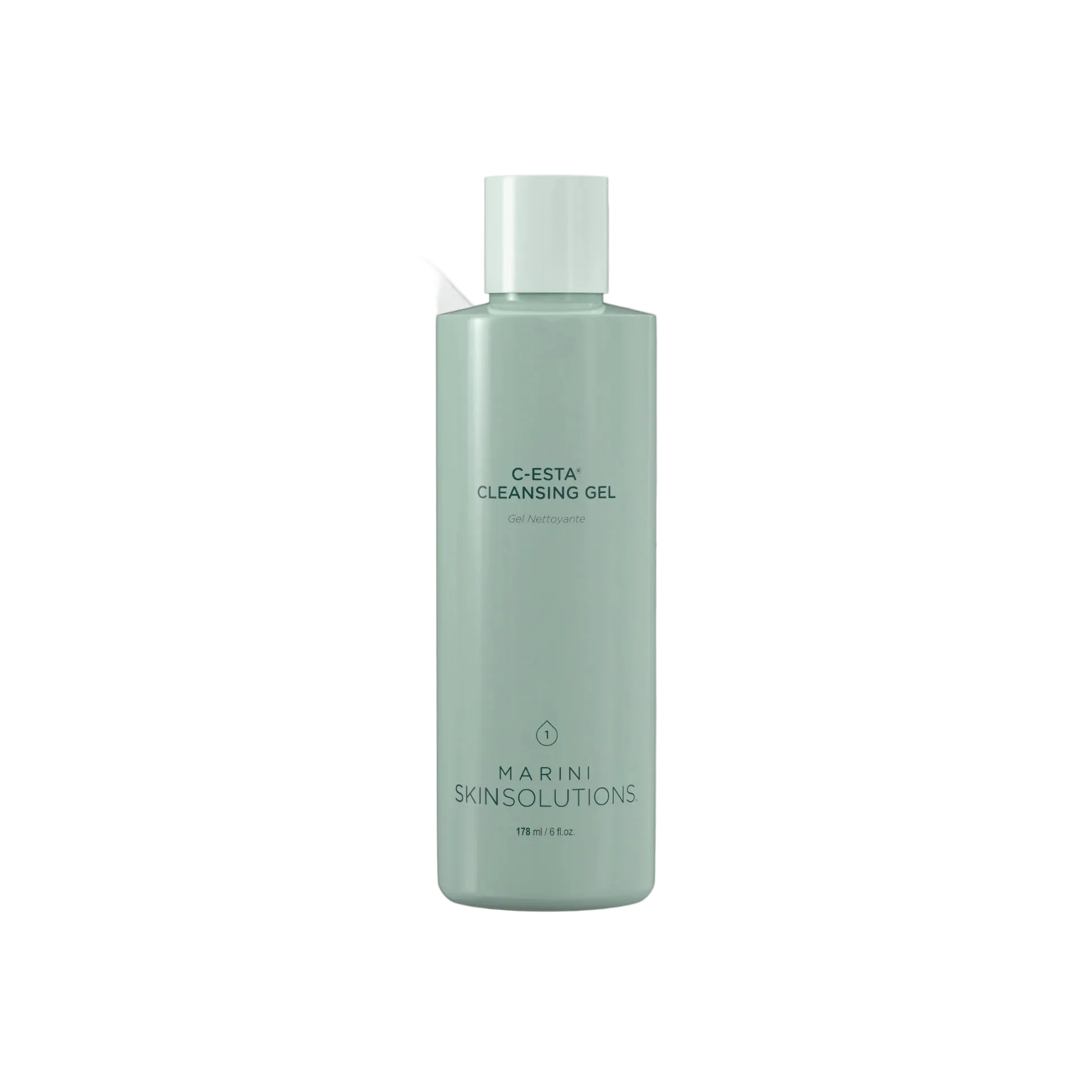 Green bottle of C-Esta Cleansing Gel by Marini Skinsolutions on a white background