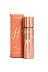 A rose gold cosmetic bottle and its matching rectangular box from Hydrinity Cosmetics, featuring the Hyacyn Active line, on a clean white background.