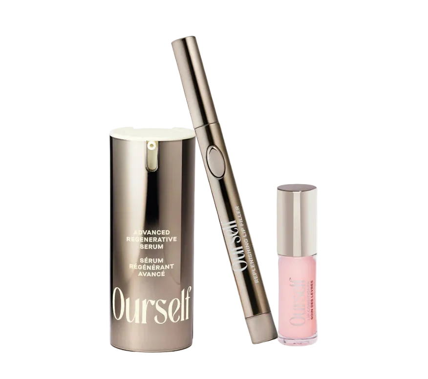 Three skincare products including a serum, a pen-like device, and a small bottle on a white background.