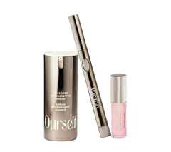 Three skincare products including a serum, a pen-like device, and a small bottle on a white background.