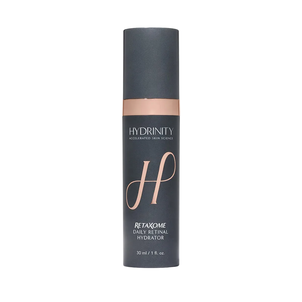 hydrinity grey bottle with retaxome dailty retinal hydrator on bottle