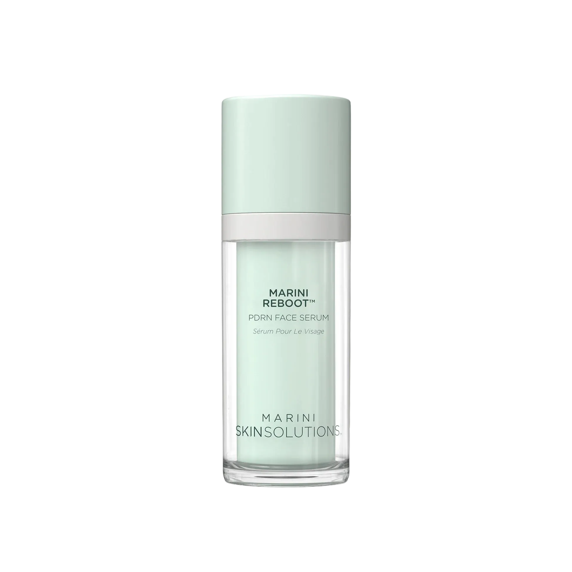 Skincare serum bottle with 'Marini Skinsolutions' branding on a light background