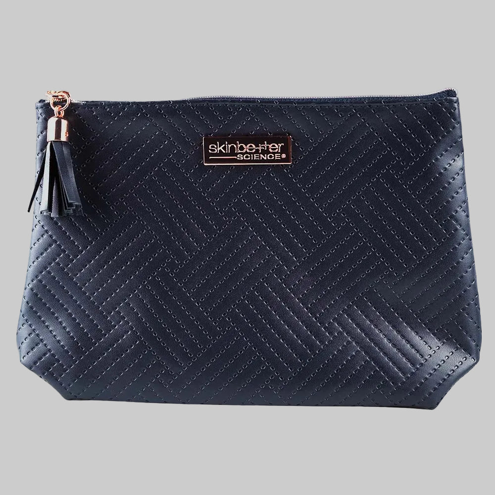 Navy blue quilted pouch with a brand logo on a white background