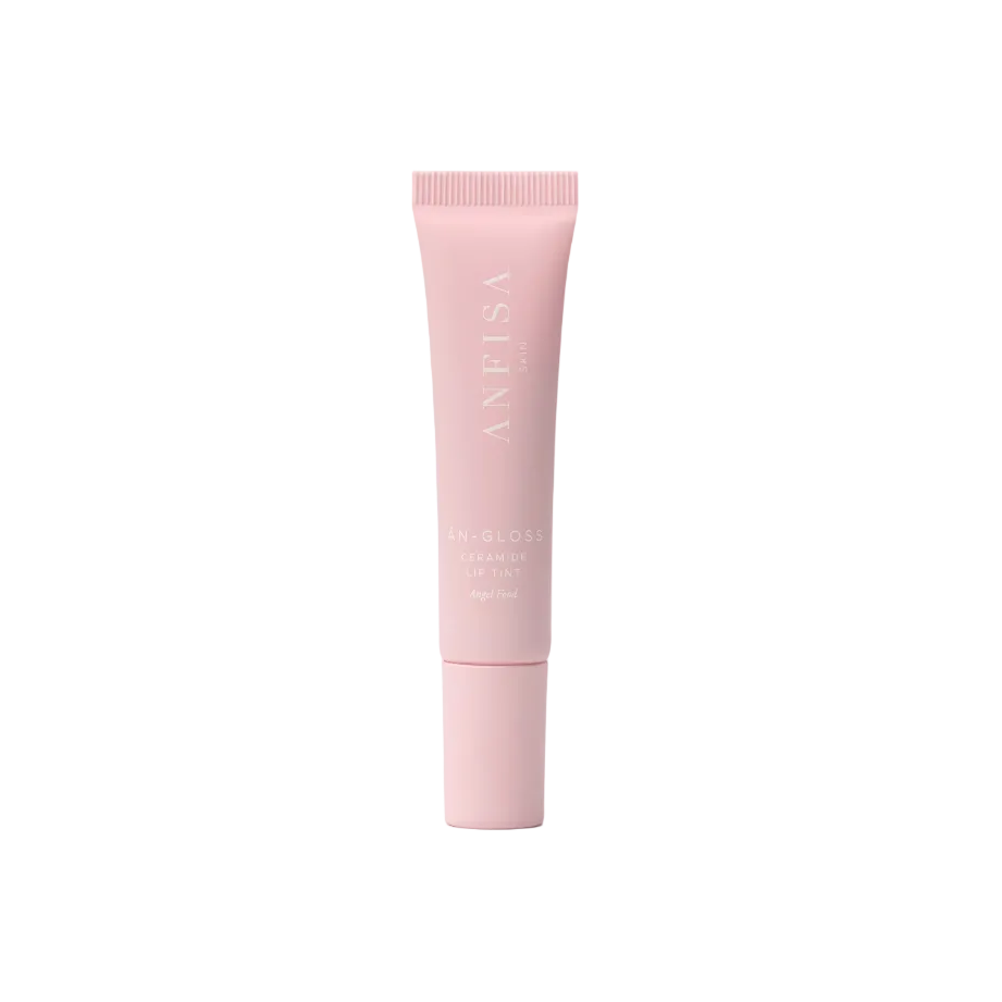 Pink skincare tube on a white background with a pink logo in the corner.