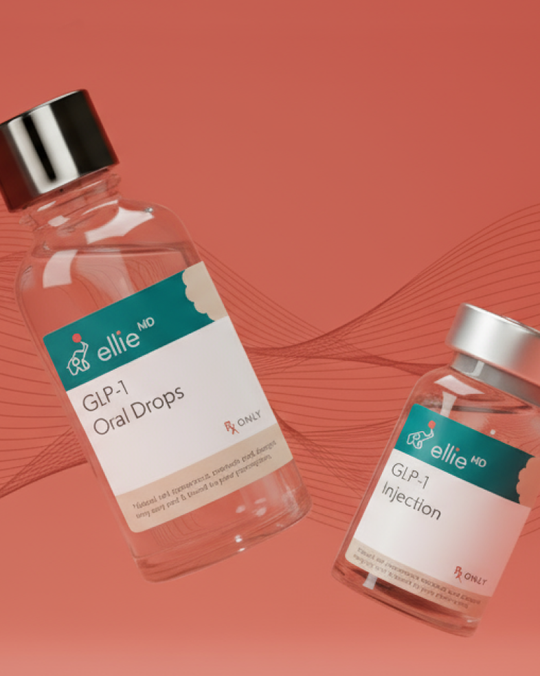 Two medical bottles labeled 'GLP-1 Oral Drops' and 'GLP-1 Injection' on a peach background.