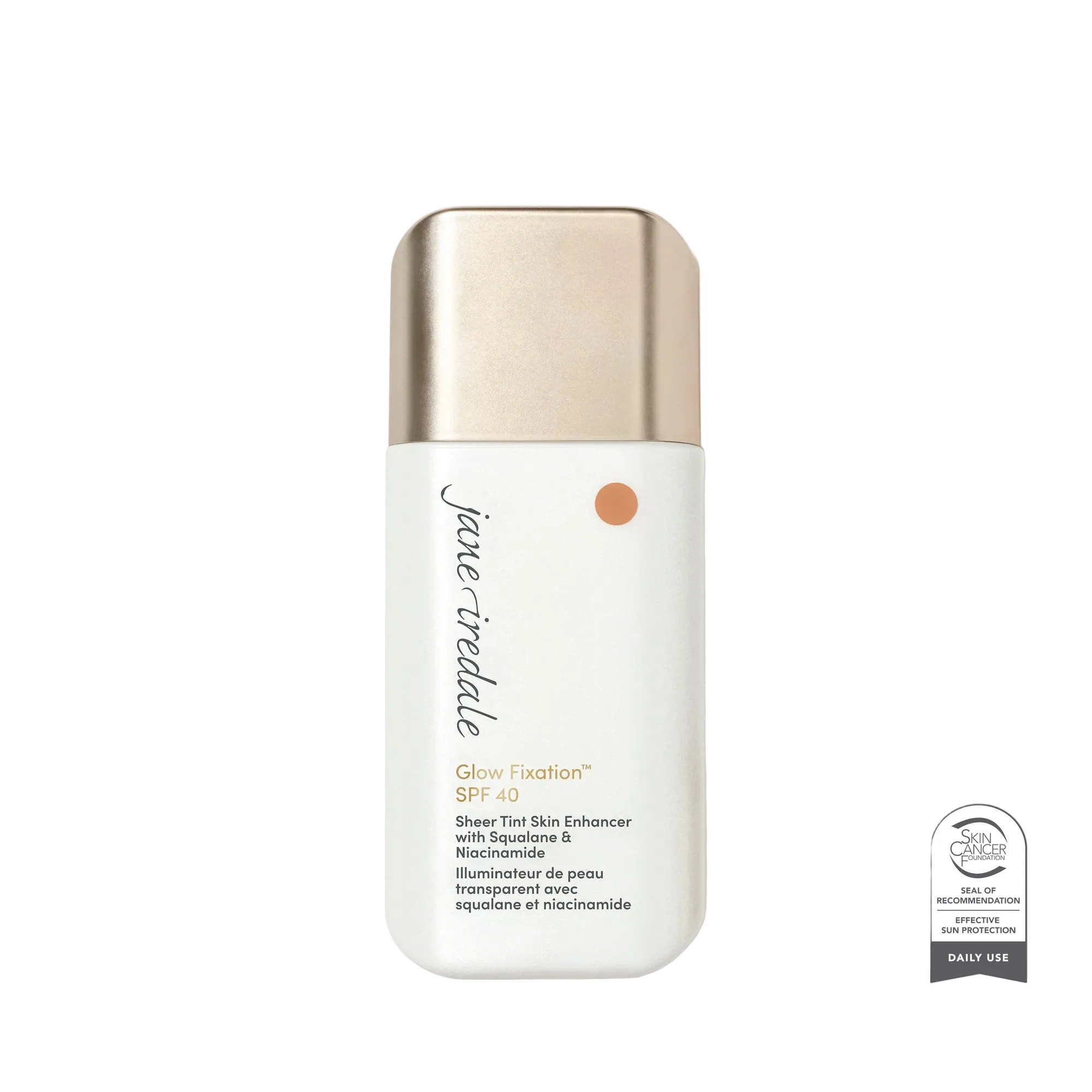 Jane Iredale Glow Fixation SPF 40 Sheer Tint Skin Enhancer bottle with a white body and metallic gold cap, shown on a white background with a Dermalogics Best of Beauty award badge.
