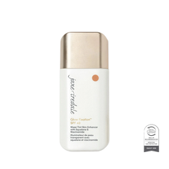Jane Iredale Glow Fixation SPF 40 Sheer Tint Skin Enhancer bottle with a white body and metallic gold cap, shown on a white background with a Dermalogics Best of Beauty award badge.